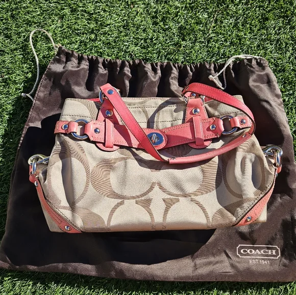 Coach Signature Canvas Shoulder Purse Satchel Neon Coral **WITH Coach Dust Bag** - Picture 1 of 16